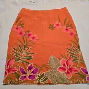 Tori Richard Honolulu 100% Silk Orange Midi Skirt Flowers Paradise Size 4 Lined